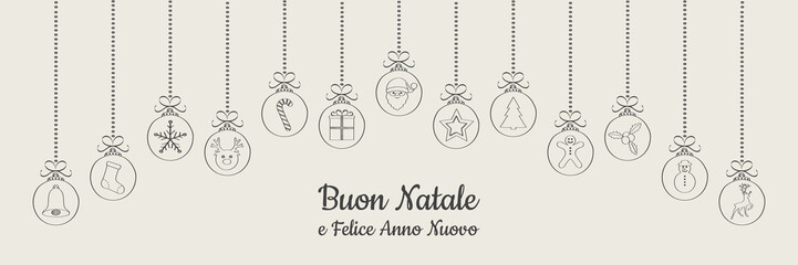 Fototapeta na wymiar Buon Natale - Merry Christmas in Italian. Christmas card with ornaments. Vector.