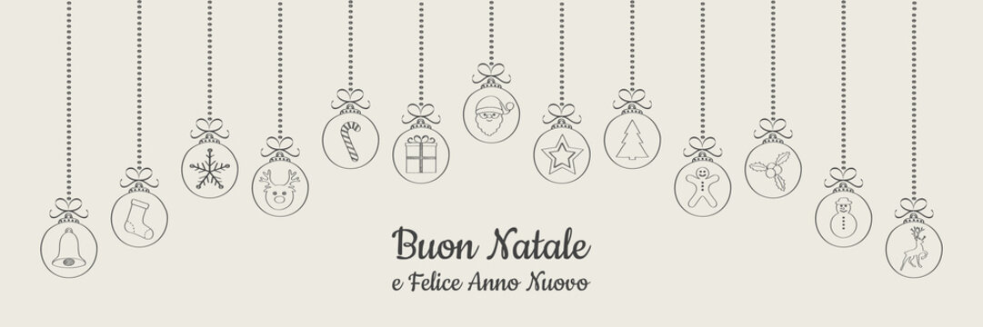 Buon Natale - Merry Christmas in Italian. Christmas card with ornaments. Vector.