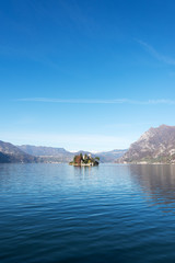 Lake Iseo and Isola di Loreto, Lombardy, Italy.