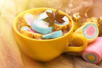 Fototapeta na wymiar chocolate cup with marshmallows and Christmas decoration