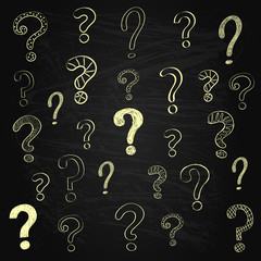 Background with different hand drawn question marks on blackboard. Vector.