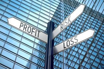 Profit, risk, loss - crossroads sign, office building © PX Media