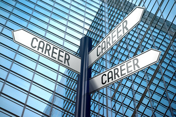 Fototapeta premium Career - crossroads sign, office building