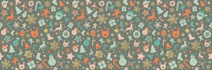 Panoramic Christmas background with ornaments. Vector.