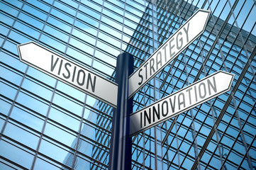 Vision, strategy, innovation - crossroads sign, office building