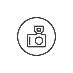 Photo camera with flash line icon, outline vector sign, linear style pictogram isolated on white. Camera symbol, logo illustration. Editable stroke