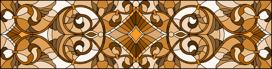Illustration in stained glass style with abstract  swirls and leaves  on a light background,horizontal orientation, sepia