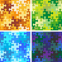 Four seamless jigsaw puzzle patterns, backgrounds, prints, swatches or wallpapers with whimsically shaped pieces of variuos color sets
