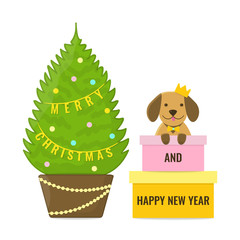Puppy in crown with xmas tree and gift boxes. Merry Christmas and Happy New Year concept. 