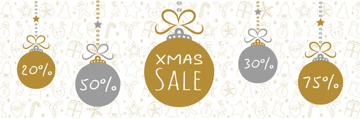 Fototapeta premium Christmas Sale poster with hand drawn baubles and decorations on the background. Vector.