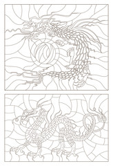 Set contour illustrations of stained glass in an abstract, dragons, dark outlines on a light background