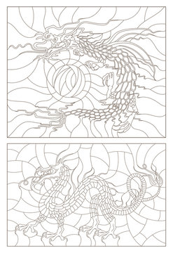 Set contour illustrations of stained glass in an abstract, dragons, dark outlines on a light background