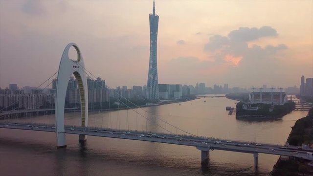 sunset sky guangzhou city canton tower liede bridge river aerial panorama 4k china
