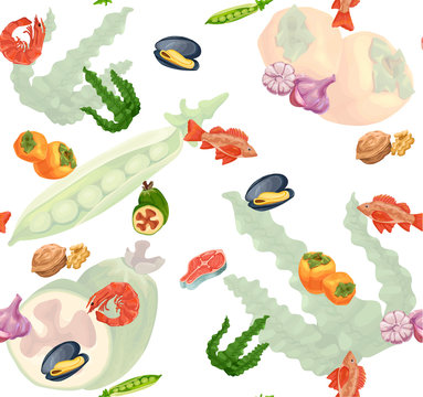 Organic food and seafood seamless pattern vector sketch colorful banner, persimmon, feijoa, sea bass, milk, carrot, garlic, walnut, salmon steak, pea, mussel, shrimp, seaweed