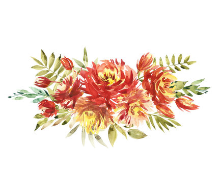 Flowers watercolor illustration. A bouquet with a big red peony and small flowers in bright colors. Watercolor horizontal composition.