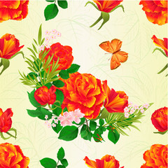 Seamless texture    Roses orange  and butterfly vintage  festive  background vector illustration editable hand draw