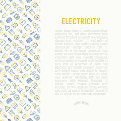 Electricity concept with thin line icons: electrician, bulb, pylon, toolbox, cable, electric car, hand, solar battery. Vector illustration for banner, web page, print media.