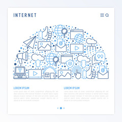 Internet concept in half circle with thin line icons: e-mail, chat, laptop, share, cloud computing, seo, download, upload, stream, global connection. Modern vector illustration for web page.