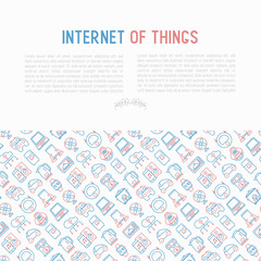 Internet of things concept with thin line icons: laptop, smart watch, cloud computing technology, kettle, speaker, smart car, robot vacuum. Vector illustration for banner, web page, print media.