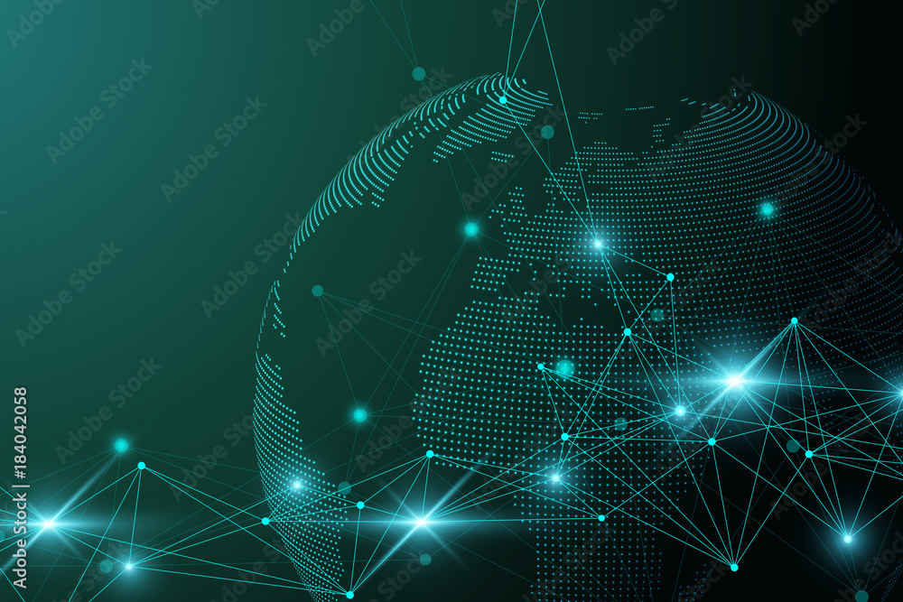 Poster Network and data exchange over planet earth in space. Virtual Graphic Background Communication with World Globe. Perspective backdrop of depth. Digital data visualization. Vector illustration