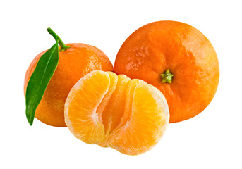 Mandarins whole and half of fruit on white with clipping path