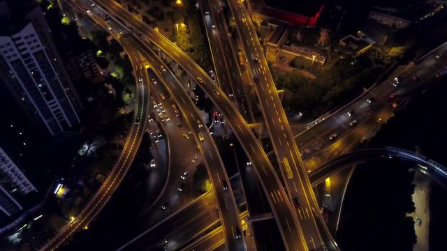 night time illuminated guangzhou traffic road junction aerial panorama 4k china
