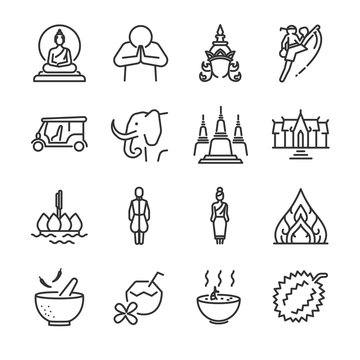Thai icon set. Included the icons as Thai greeting, temple, boxing, pagoda, Buddha statue, tom yum kung and more.