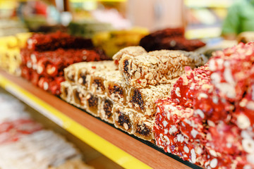 Delicious traditional Turkish delight sweets for sale in Istanbul shop