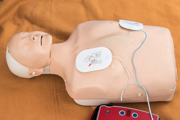 AED、自動体外式除細動器とダミー人形 - obrazy, fototapety, plakaty