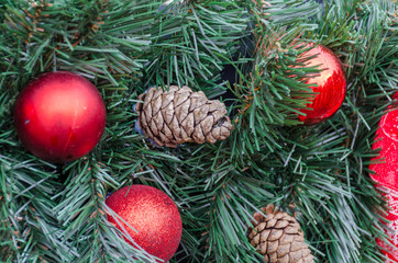 Christmas decoration baubles with branches of fir tree.
