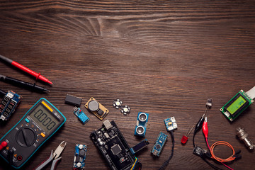 electronic components on a wooden background