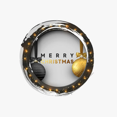 Naklejka premium Christmas greeting illustration. Round hole, black abstract frame, with bright light golden garlands, and xmas ornaments balls.