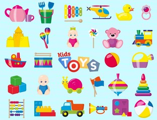 Kids toys. A set of children's toys for the youngest. Vector illustration.