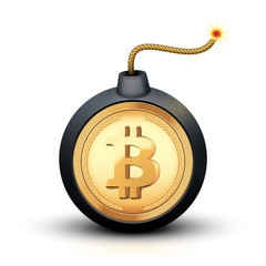 Symbol of Bitcoin and bomb. The concept of explosive growth of cryptocurrency. Editable Vector Illustration