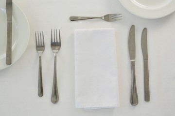 Cutlery with napkin arranged on white background