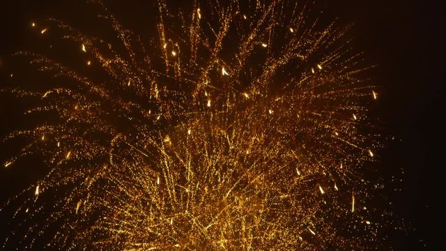 FELIZ AÑO NUEVO  3D-text in front of glamorous golden fireworks in the night sky - audio included - ProRes