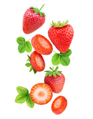 Falling strawberries isolated on white background