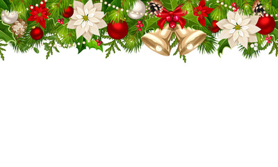 Vector Christmas horizontal seamless background with red and silver balls, bells, poinsettia flowers and green fir branches.