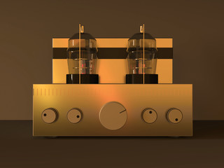 Home electronics. Vintage tube amplifier, 3d render, 3d illustration