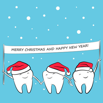 Healthy funny teeth in a santa hat with a banner in hands. Greeting card for Christmas and New Year. Vector illustration.
