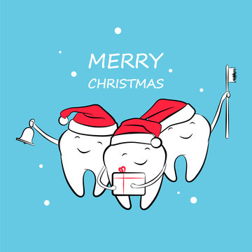 Funny Christmas teeth in a Santa hat with a bell, gift and toothbrush. Vector illustration.