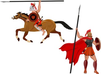 Ancient creece warriors, rider and infantryman in full arms, isolated vector.