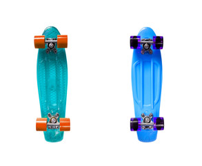 Two blue skateboards isolated on white background