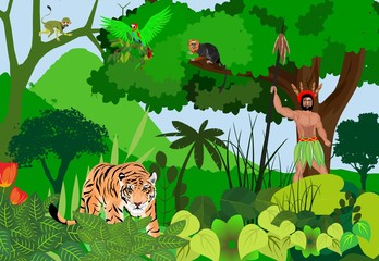 Fototapety  Aboriginal in the jungle, wild jungle scene, tiger, monkeys, birds and trees, exotic animals and plants vector.
