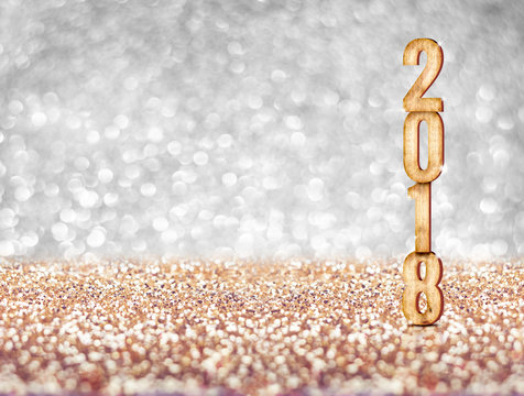 happy new year 2018 year number ( 3d rendering ) at sparkling golden silver perspective glitter studio background ,Holiday Greeting card.Banner mock up space for display of product or design.