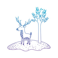 deer cartoon with long horns in forest next to the trees in degraded blue to purple color silhouette vector illustration