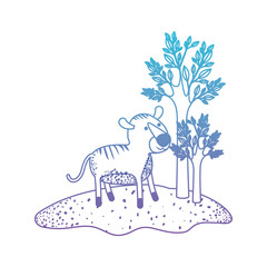 tiger cartoon in forest next to the trees in degraded blue to purple color silhouette vector illustration