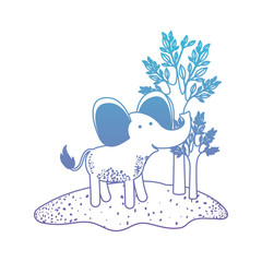 elephant cartoon in forest next to the trees in degraded blue to purple color silhouette vector illustration