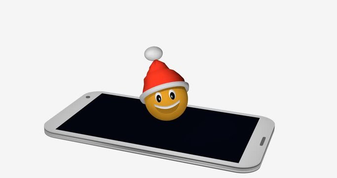 Emoticon mit Weihnachtsmütze hüpft auf dem Display eines Handys.