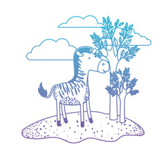 zebra cartoon in outdoor scene with trees and clouds in degraded blue to purple color silhouette vector illustration